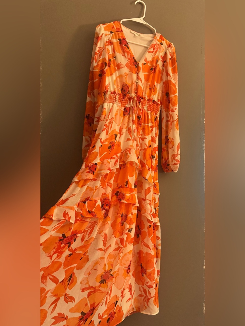 Orange Floral Long-Sleeve Maxi Dress with Smocked Waist - Picture 1 of 4